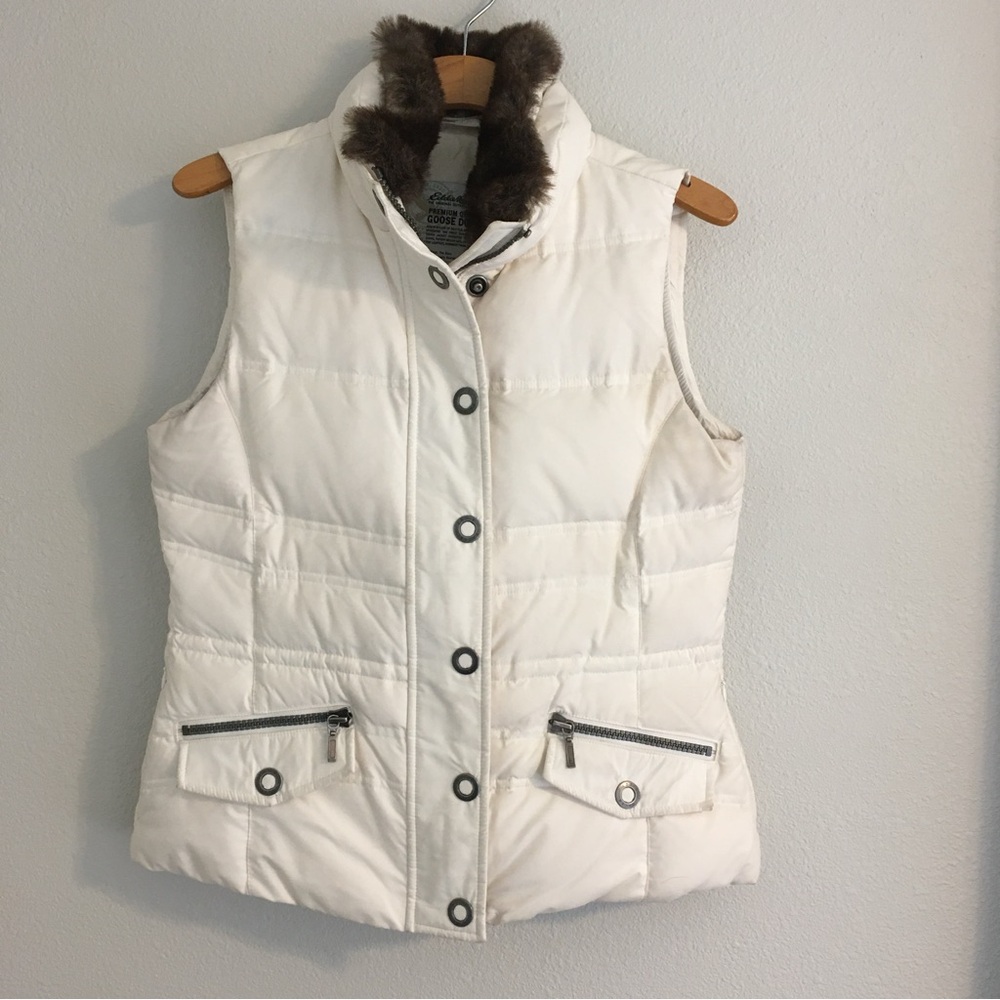 Women's Eddie Bauer Cream Puffer Vest with Removable Faux Fur Collar Size Small
